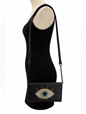 Betsey Johnson Evil Eye Crossbody Black Faux Leather Rhinestone Embellished Bag